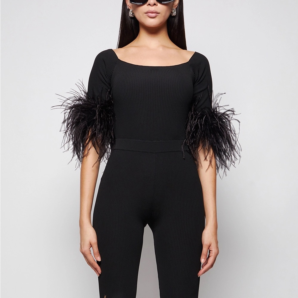 Saint Laurent Ostrich Feather Rib Knit
Jumpsuit Black NWT Size S